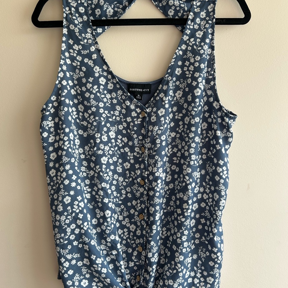 Fortune + Ivy  Blue and White Tie Front Tank Top Blouse